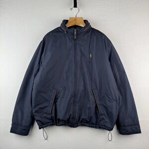 90's Vtg Polo Ralph Lauren Jacket Men XL Navy Leather Trim Lined Stowaway Hood